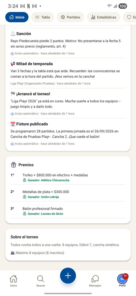 Premios del torneo con el equipo ganador de cada puesto
